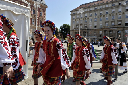 Members of folk group Edmonton  Alberta , Ukrainian dancers Viter from Canada during the 48th International Folklore Festival in center of Zagreb,Croatia on July 17, 2014のeditorial素材