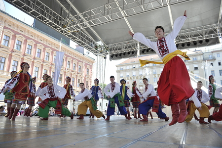 Members of folk group Edmonton  Alberta , Ukrainian dancers Viter from Canada during the 48th International Folklore Festival in center of Zagreb,Croatia on July 17, 2014のeditorial素材