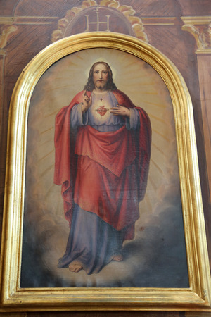 Sasred Heart of Jesus, the altarpiece in the church of St. Aloysius in Travnik, Bosnia and Herzegovina on June 11, 2014.のeditorial素材