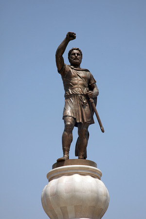 Warrior with accompanying elements in Skopje. 29 meters tall Philip II Macedon Sculpture in Skopje, Macedonia on May 17, 2013のeditorial素材