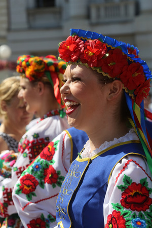Members of folk group Edmonton (Alberta), Ukrainian dancers Viter from Canada during the 48th International Folklore Festival in center of Zagreb,Croatia on July 16, 2014のeditorial素材