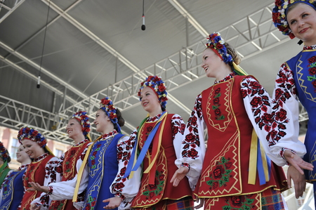 Members of folk group Edmonton (Alberta), Ukrainian dancers Viter from Canada during the 48th International Folklore Festival in center of Zagreb,Croatia on July 17, 2014のeditorial素材