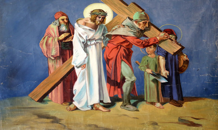 5th Stations of the Cross, Simon of Cyrene carries the cross in the Church of St. Aloysius in in...