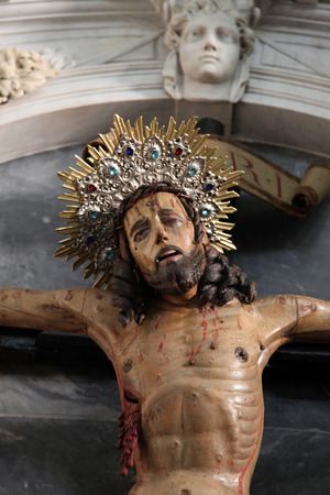 Crucifixion, Jesus on the cross, Catholic Church Saint Eustache in Dobrota, Montenegro, on June 09, 2009のeditorial素材
