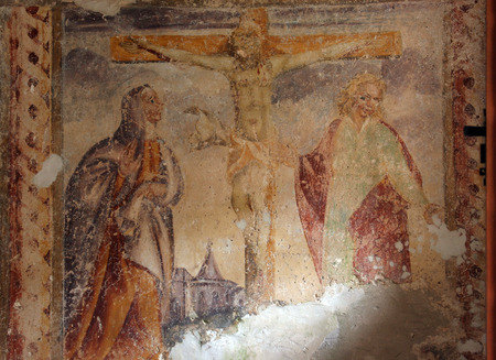 Jesus on the cross, fresco paintings in the old churchのeditorial素材