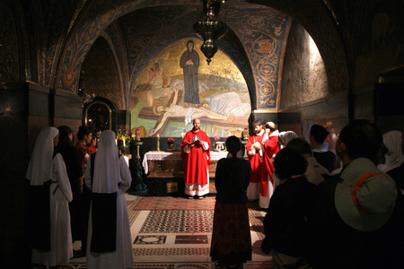 Catholic Mass at the 11th Stations of the Cross in the Church of the Holy Sepulchre. Jerusalem on...