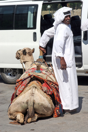 Bedouin man wait tourist near his dromedary in Jericho, Israel on October 04, 2006. Many Bedouin men work as guides for day-trips in the Judea desert.のeditorial素材