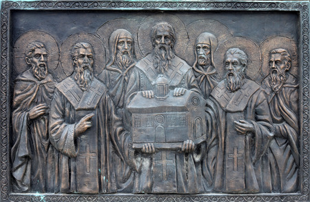 Monument of St. Cyril and Methodius  in downtown of Skopje, Macedonia on May 16, 2013