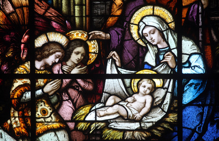 Nativity Scene, stained glass window in the Catholic Church of the Birth of the Virgin Mary, on June 08, 2012, in Prcanj, Montenegroのeditorial素材
