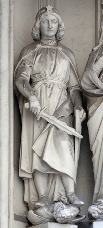 Statue of Saint from south portal of gothic church Maria am Gestade in Vienna, Austria on October 10, 2014.のeditorial素材