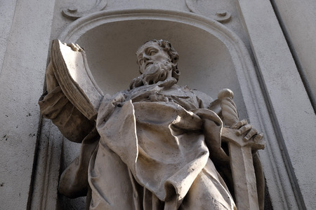 Saint Paul the Apostle on the facade of Parish Church of the Holy Blood in Graz, Styria, Austria on...