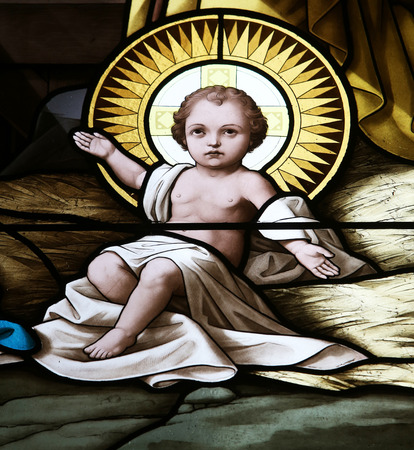 The newborn Jesus stained glass window in Basilica Assumption of the Virgin Mary in Marija Bistrica Croatia on July 14 2014のeditorial素材