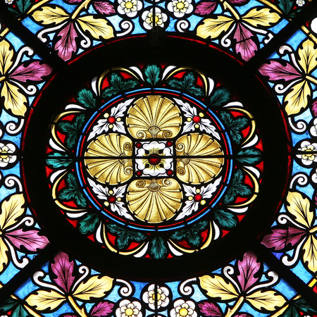 Stained glass window in Basilica Assumption of the Virgin Mary in Marija Bistrica, Croatia, on July...