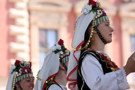 Members of folk group Kitka from Istibanja, Macedonia during the 49th International Folklore Festival in center of Zagreb, Croatia on July 17, 2015のeditorial素材