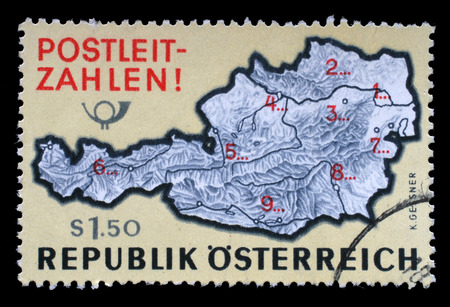 a stamp printed in the Austria shows Map of Austria with Postal Zone Numbers, Introduction of Postal Zone Numbersの写真素材