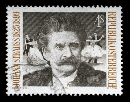 AUSTRIA - CIRCA 1975: A postage stamp printed by Austria shows image portrait of famous Austrian music composer Johann Strauss, circa 1975.のeditorial素材