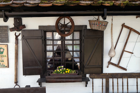 Windows of traditional wooden house in Gornja Stubica, Zagorje region, Croatia on April 13, 2015のeditorial素材