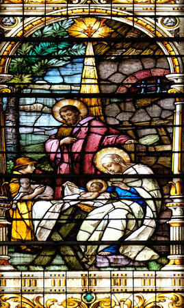 Nativity Scene, Birth of Jesus, stained glass window in the Basilica of the Sacred Heart of Jesus in Zagreb, Croatia on May 28, 2015のeditorial素材