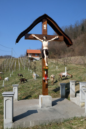 Roadside Crucifix in Zagorje region, Croatia on March 21, 2015.のeditorial素材