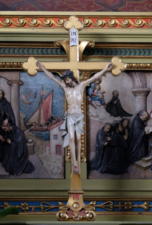 Cross on the altar in the Basilica of the Sacred Heart of Jesus in Zagreb, Croatia on May 28, 2015のeditorial素材