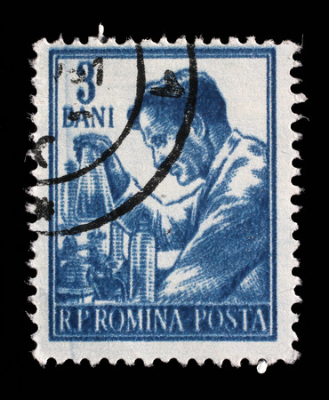 A stamp printed in Romania from the series Professions, circa 1955.のeditorial素材