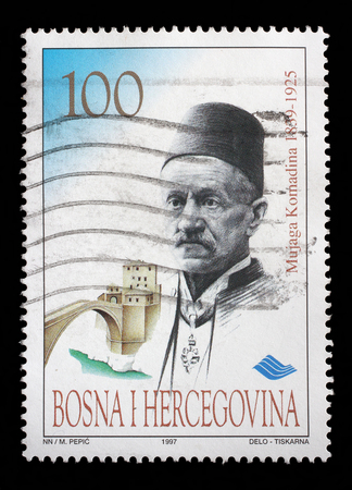 A stamp printed in Bosnia and Herzegovina shows Mustafa Mujaga Komadina - Former Mayor in Mostar, circa 1997.のeditorial素材