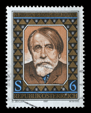 A stamp printed in Austria issued for the 125th anniversary of the birth of Arthur Schnitzler shows author and dramatist Arthur Schnitzler, circa 1987.のeditorial素材