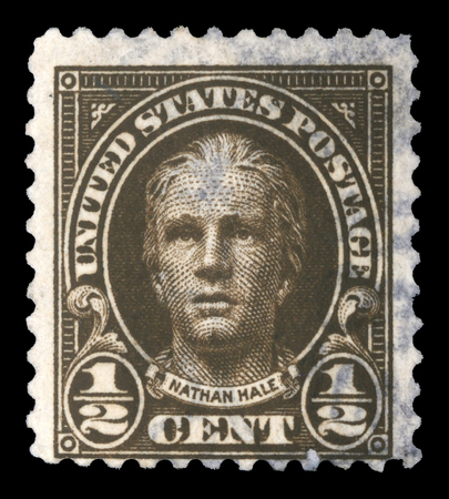 A stamp printed in the United States, shows the portrait of the Nathan Hale 1755-1776 was a soldier...