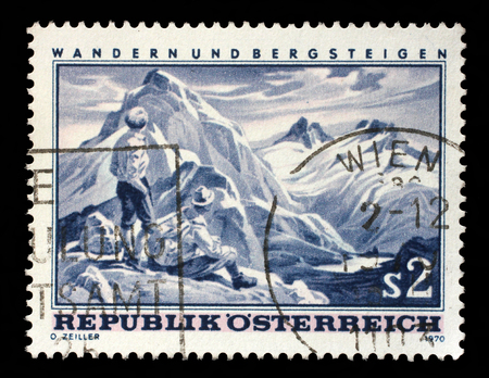 Stamp printed in the Austria shows Mountain Scene, Hiking and Mountaineering in Austria, circa 1970のeditorial素材