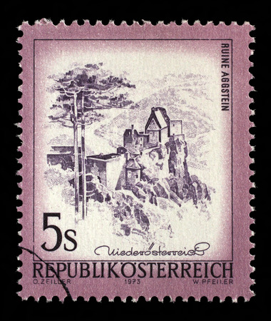A stamp printed in the Austria shows Aggstein Castle, Lower Austria, circa 1973の写真素材
