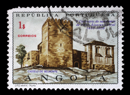 Stamp printed in the Portuguese Angola shows Belmonte Castle, Pedro Alvares Cabral, circa 1970のeditorial素材