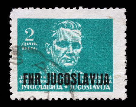 Stamp printed in Federal Democratic Republic of Yugoslavia shows Marshal Josip Broz Tito, circa 1945のeditorial素材
