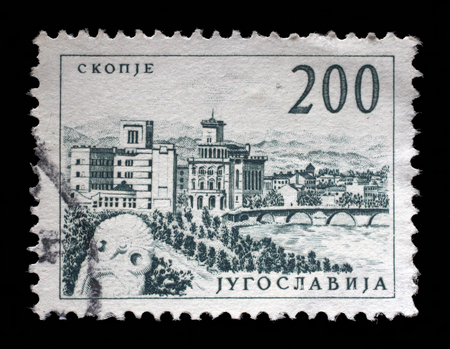 Stamp printed in Yugoslavia shows a Bridge at Skopje, with inscription "Skopje", from series "Industrial Progress" circa 1958のeditorial素材