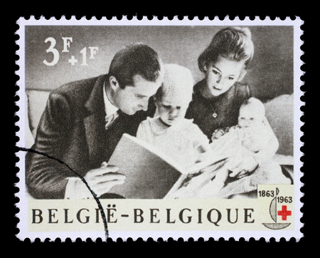 Stamp printed in Belgium is dedicated to the 100th anniversary of the International Red Cross, circa 1963のeditorial素材
