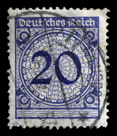 Stamp printed in Germany shows 20 marks, circa 1924のeditorial素材