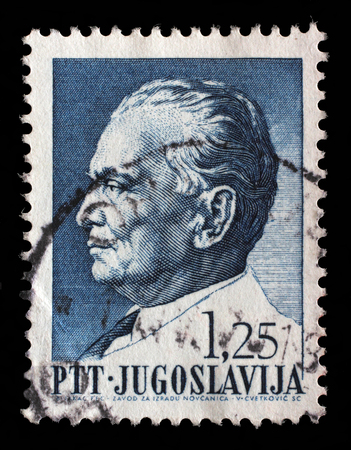 Stamp printed in Yugoslavia shows a portrait of Yugoslavian President Josip Broz Tito, from series 75th birthday of President Josip Broz Tito, circa 1967のeditorial素材