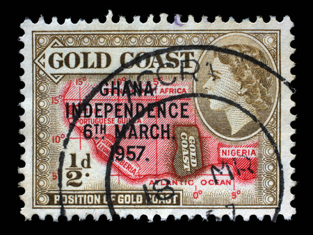Stamp printed in Ghana shows location of the country on the African continent and queen Elizabeth II, stamp of Gold Coast overprinted in black, Ghana Independence, circa 1957のeditorial素材