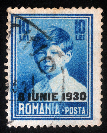 Stamp printed in Romania shows portrait of King Michael, circa 1930のeditorial素材