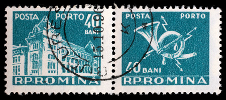 Stamp printed in Romania shows Central Post Office building (National museum of Romanian history now), circa 1967.のeditorial素材