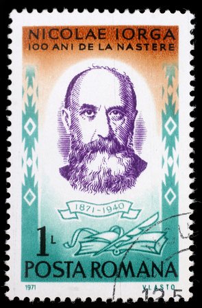 Stamp printed in Romania shows Nicolae Iorga (1871-1940) Romanian historian, politician, literary critic, circa 1971.のeditorial素材
