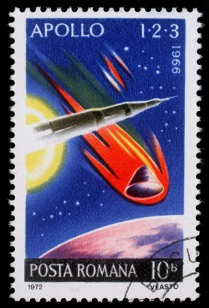 Stamp printed in the Romania shows Apollo 1, 2 and 3, Highlights of US Apollo Space Program, circa 1972のeditorial素材