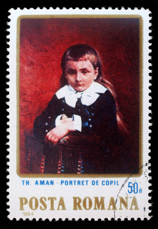 Stamp printed in Romania shows Portrait of a Child, by Th. Aman, circa 1984.のeditorial素材