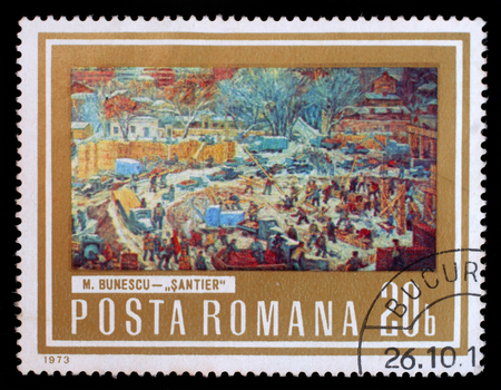 Stamp printed in Romania, shows picture Construction Area by M. Bunescu, with the same inscription, from the series Paintings showing Workers, circa 1973のeditorial素材