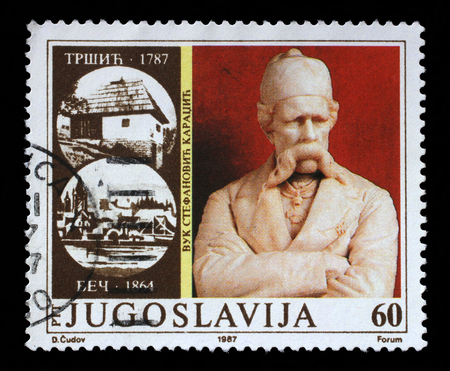 Stamp printed in Yugoslavia shows The 200th Anniversary of the Birth of Vuk Stefanovic Karadzic, major reformer of the Serbian language, circa 1987.のeditorial素材