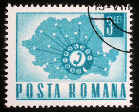 Stamp printed in Romania Map Showing Telephone Network , circa 1971のeditorial素材