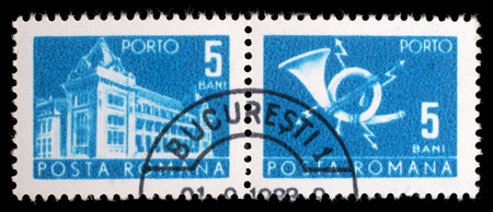 Stamp printed in Romania shows Central Post Office building (National museum of Romanian history now), circa 1967.のeditorial素材