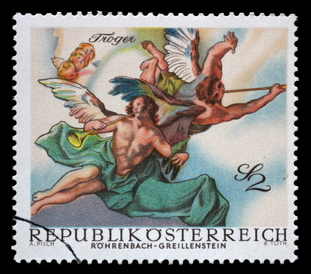Stamp printed in Austria, is shown Angels, from Last Judgment by Troger (Rohrenbach-Greillenstein Chapel), circa 1968のeditorial素材