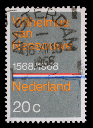 Stamp printed in the Netherlands issued for the 400th anniversary of Dutch National Anthem shows Wilhelmus van Nassouwe, circa 1968.のeditorial素材