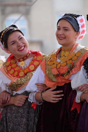 Members of folk group Kolo from Donja Bebrina, Croatia  during the 50th International Folklore Festival in center of Zagreb, Croatia on July 23, 2016のeditorial素材