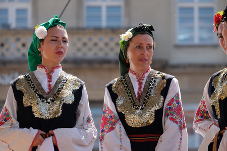 Members of folk group Bistrica from Bistrica, Bulgaria during the 50th International Folklore Festival in center of Zagreb, Croatia on July 21, 2016のeditorial素材